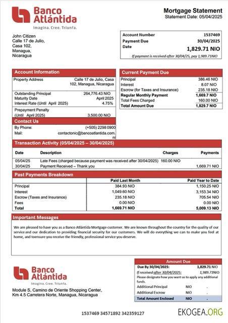 Nicaragua Banco Atlántida relevé hypothécaire Modèle Word et PDF